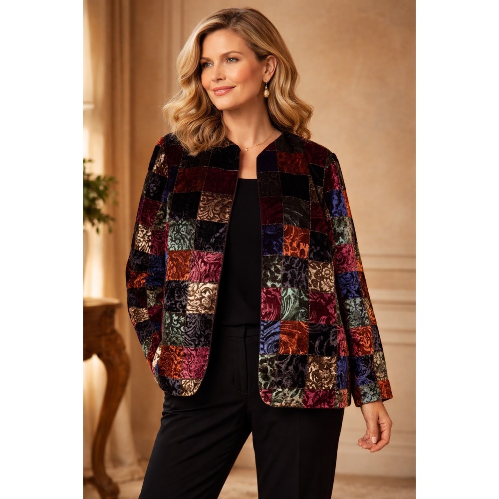 Willowridge Patchwork Burntout Velvet Jacket Blouse SZ 8 Multicolor Jewel‎ Open